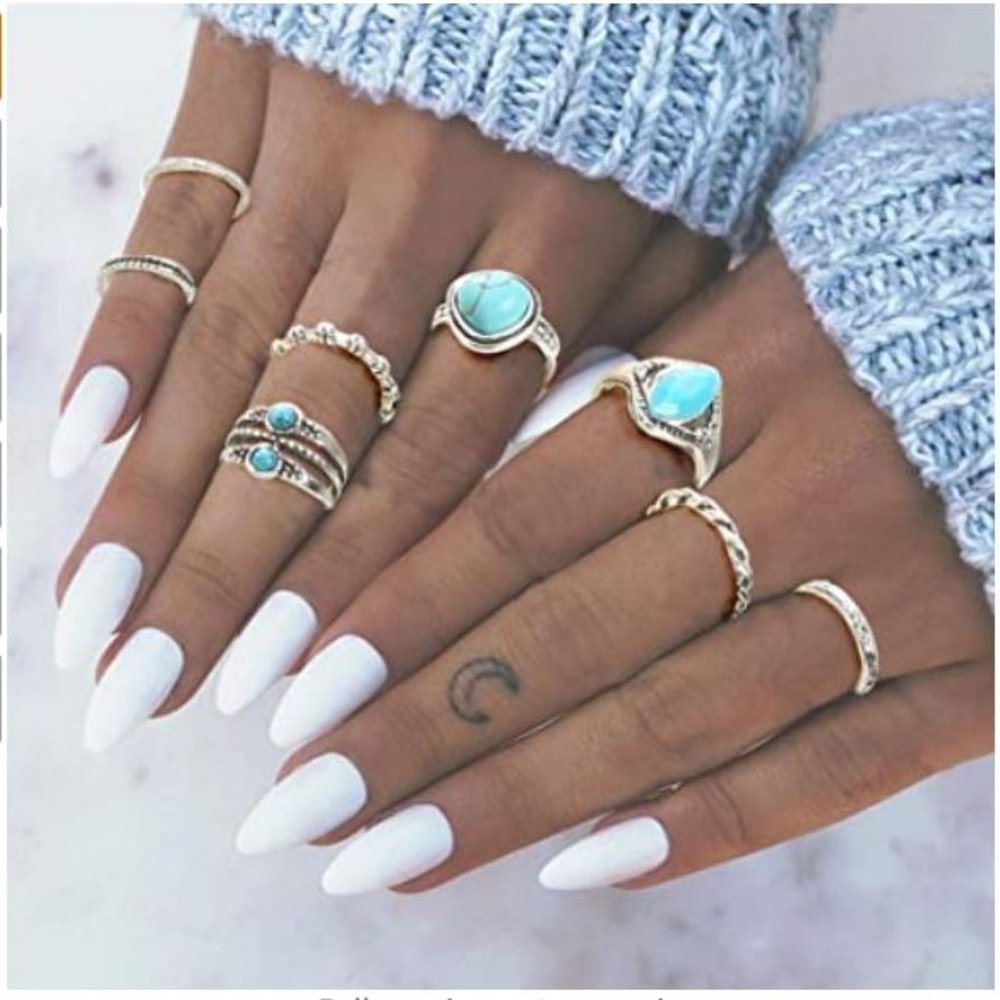 8pcs Silver tone & turquoise ring set